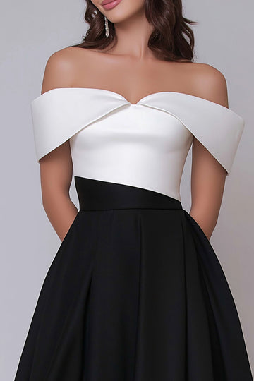 Épaule dénudée Noir et blanc Robe longue formelle corbeille